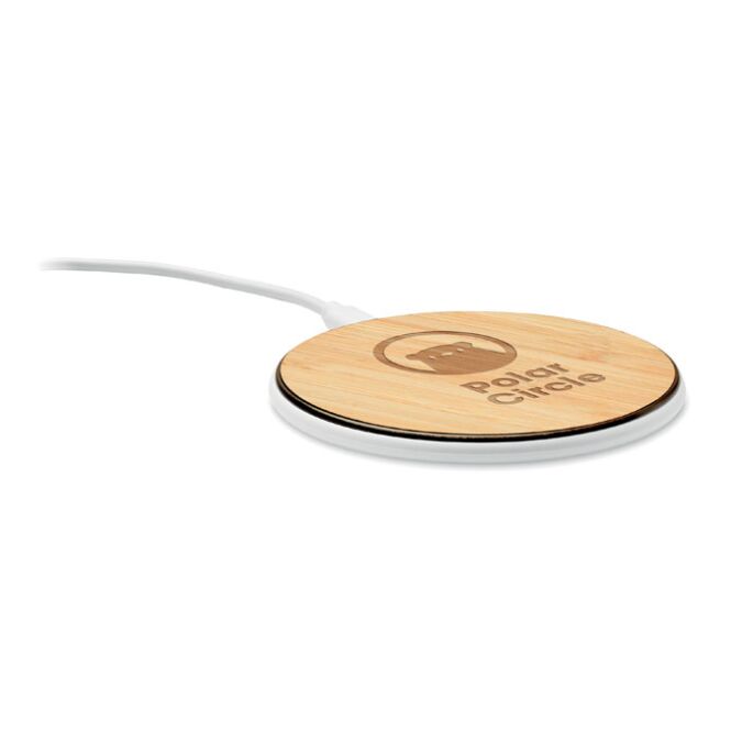 Premium-Werbeartikel Wireless Charger aus Bambus – holzfarben – mit Logo bedruckt 10W Qi-Standard für das Homeoffice und den Büroalltag