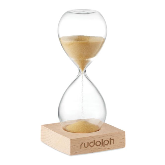 Werbeartikel Sanduhr – beige – mit Logo bedruckt 5 min aus Borosilikatglas auf Buchenholz als exklusives Büromittel