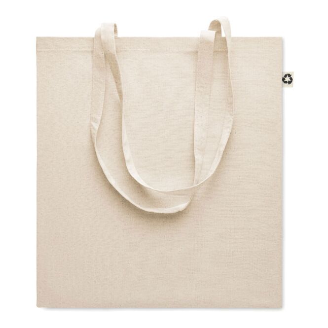 Werbeartikel Einkaufstasche Zoco – beige – mit Logodruck 140g/qm 65% recycelte Baumwolle langlebiges nachhaltiges Tragewerkzeug