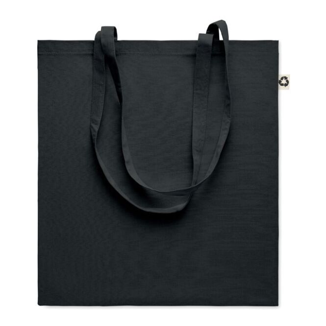 Mitarbeitergeschenk Tragetasche 65% recycelte Baumwolle – schwarz – mit Logo bedruckt 140g/qm nachhaltige Textil-Shoppingbag für CSR