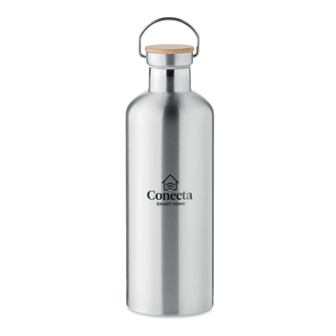 Kundengeschenk Isolierflasche Edelstahl – mattsilber – mit Logodruck 1,5L doppelwandig auslaufsicher mit Bambusdeckel für Mitarbeiter