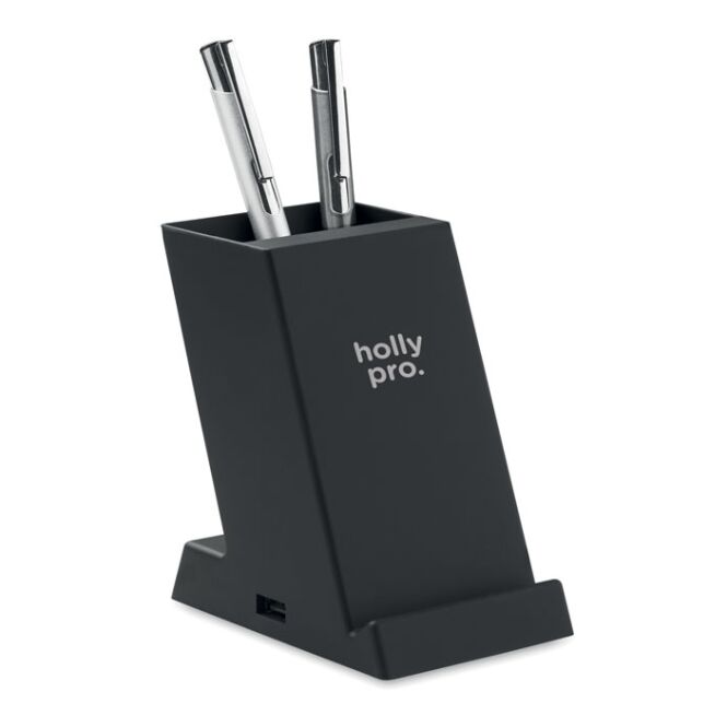 Kundengeschenk Wireless Charger – schwarz – mit Logo bedruckt 15W Double Coil Ladestation mit Stifthalter für das Homeoffice