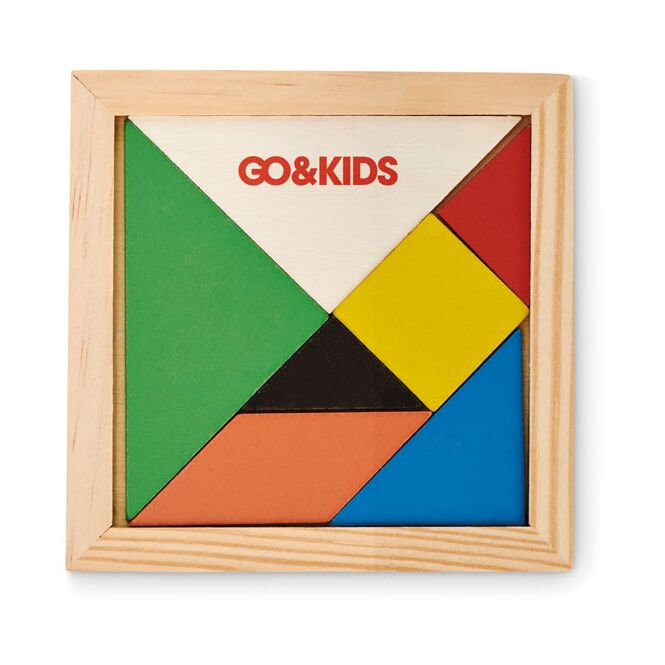 Werbeartikel Tangram-Puzzle aus Holz – holzfarben – mit Logo bedruckt 7-teilig für Messen & Promotion