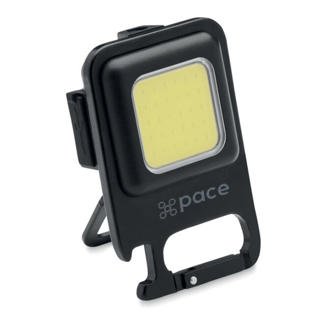 Werbeartikel Multifunktionales COB-Licht – schwarz – mit Logo bedruckt 800 lm 3 Lichtmodi inkl. Karabiner kompakter Lichtspender