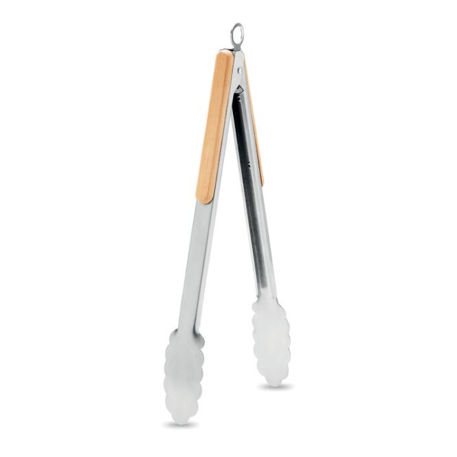 Firmengeschenk Grillzange Edelstahl Bambus – holzfarben – lasergraviert für Messen & Promotion