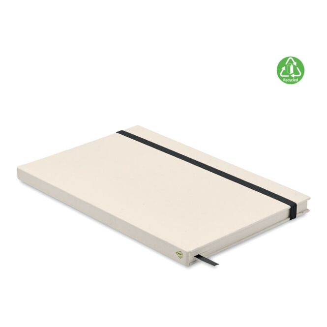 Firmengeschenk Notizbuch aus Milchkarton – schwarz – mit Logo bedruckt 70% rPET 80 Blatt liniertes Papier für nachhaltiges Journal