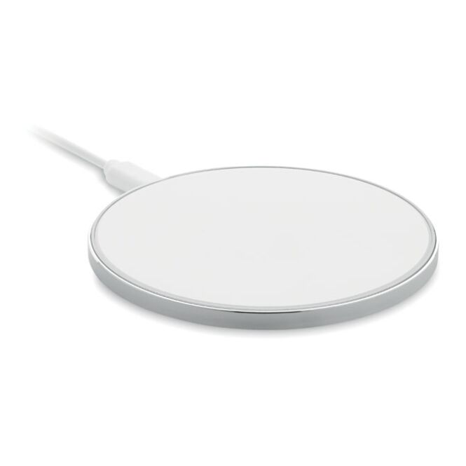 Kundengeschenk Wireless Charger 10W aus Aluminium – weiss – mit Gravur für das Homeoffice und effizientes Laden am Arbeitsplatz