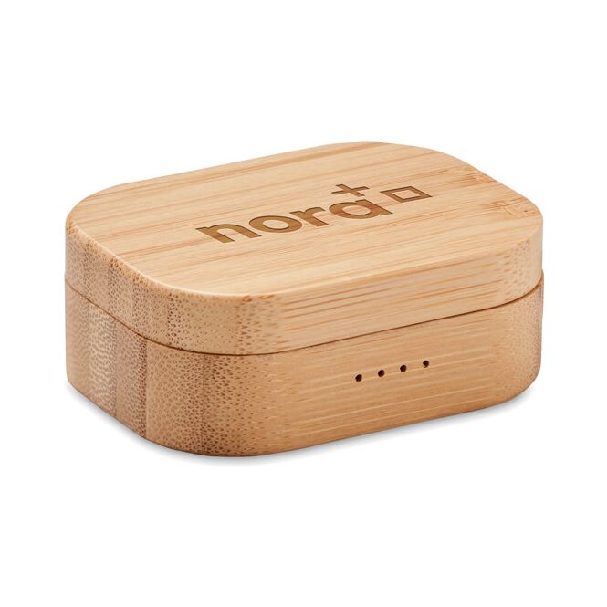 Premium-Werbeartikel TWS 5.0 Wireless Ohrhörer-Set – holzfarben – mit Logo bedruckt 30 mAh Akku Bambusgehäuse für das Mitarbeiter-Onboarding