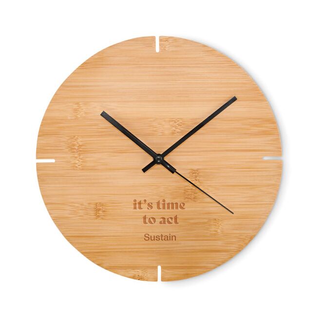 Werbeartikel Wanduhr Bambus – holzfarben – mit Logo bedruckt, übersichtliche Bürouhr zur Zeitorganisation im Besprechungszimmer