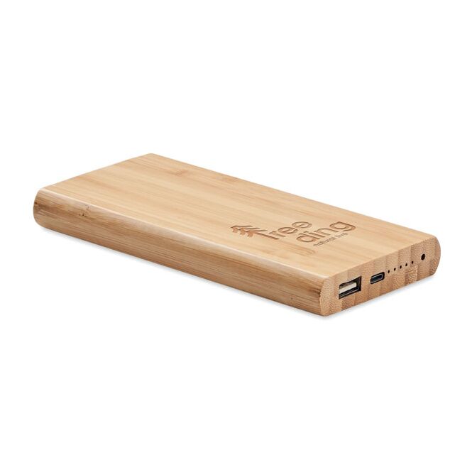 Premium-Werbeartikel Powerbank 6000 mAh – holzfarben – mit lasergraviert nachhaltig induktive Ladestation für das Homeoffice