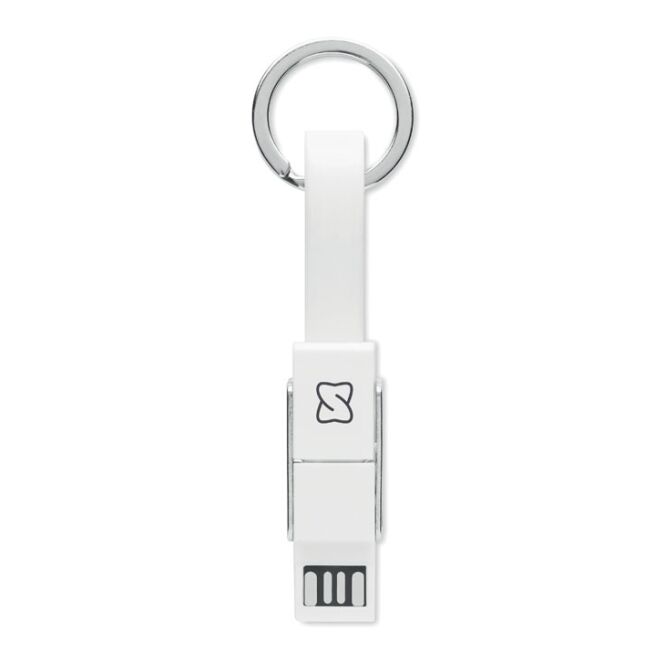 Werbeartikel Multifunktions-Schlüsselanhänger 4in1 – weiss – mit Logo bedruckt inkl. Ladekabel als Messe-Giveaway für Geschäftspartner