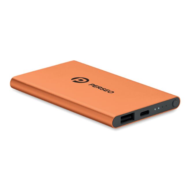 Technik-Werbemittel Powerbank 4000 mAh – orange – mit Logo bedruckt 5V/2A mit USB-C für Technik-Messen und den Büroalltag