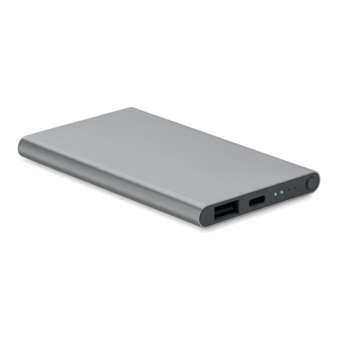 Premium-Werbeartikel Powerbank 4000 mAh Aluminium – titan – lasergraviert 5V/2A inkl. USB-C für das Mitarbeiter-Onboarding