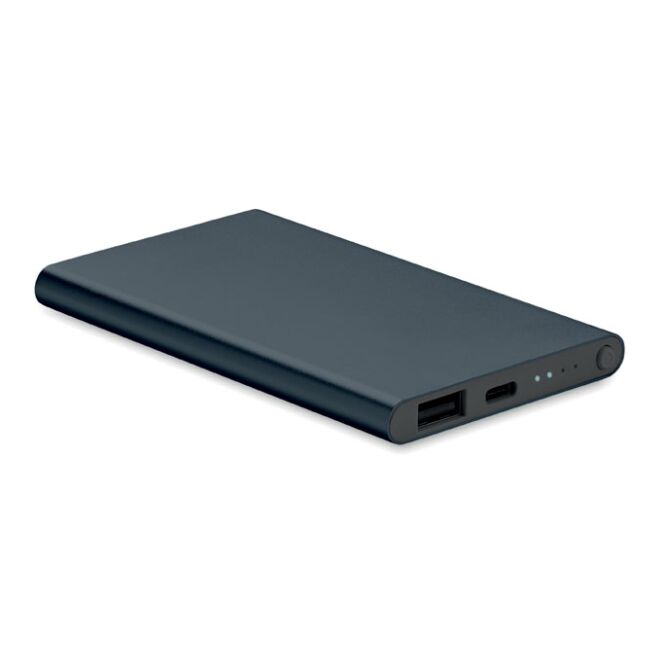 Firmengeschenk Powerbank 4000 mAh Aluminium – marineblau – lasergraviert – inkl. USB-C-Kabel, für das Homeoffice