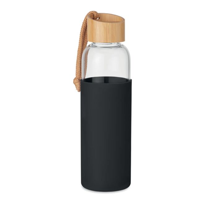 Firmengeschenk Glasflasche Werbeartikel – schwarz – mit Logodruck 500 ml nachhaltig auslaufsicher mit Bambusdeckel für Besprechungsräume