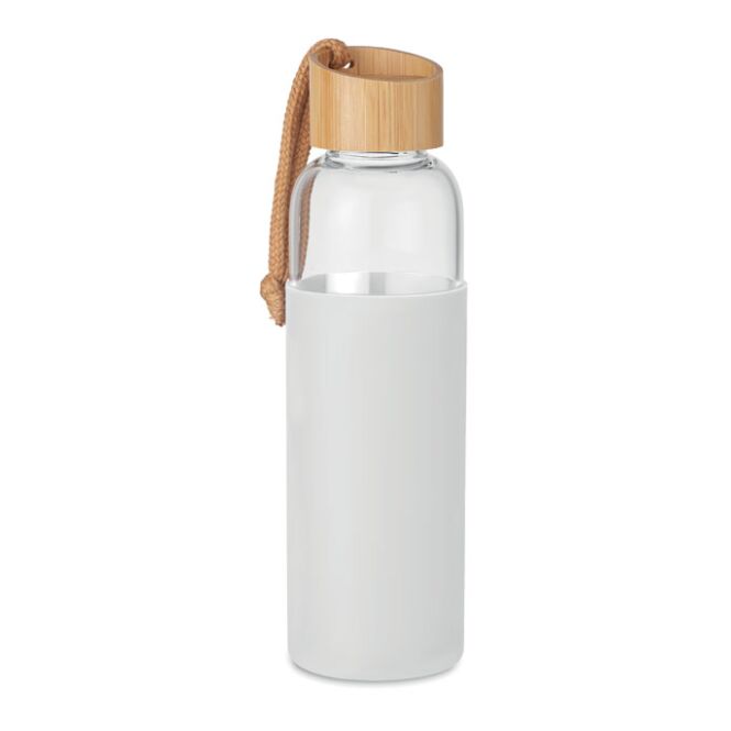 Firmengeschenk Glasflasche mit Bambusdeckel – weiss – mit Logodruck 500 ml nachhaltig auslaufsicher für Besprechungsräume