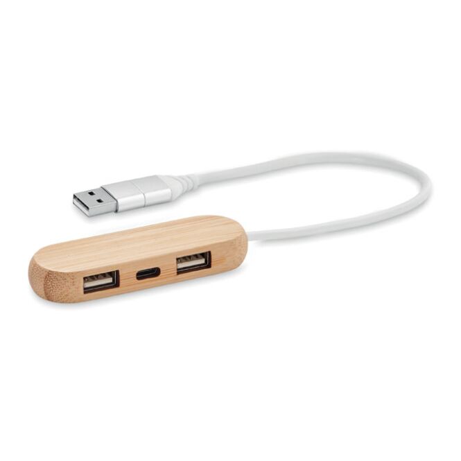 Firmengeschenk 3 Port 2.0 USB Hub aus nachhaltigem Bambus – holzfarben – mit Gravur, 2 Typ-A & 1 Typ-C, 24 cm für die Büroausstattung