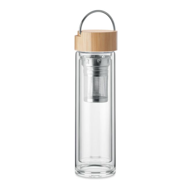 Firmengeschenk Trinkflasche Glas – weiss – mit Logodruck 400 ml, doppelwandig, nachhaltig, mit Bambusdeckel für Geschäftspartner