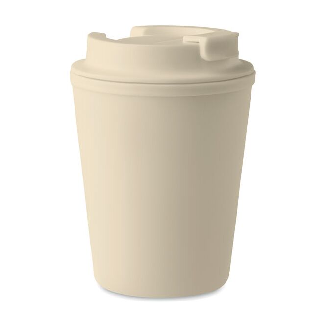 Werbeartikel Kaffee to go Becher recyceltes PP – beige – mit Logo bedruckt 300 ml nachhaltiger Mehrwegbecher für Events & Festivals
