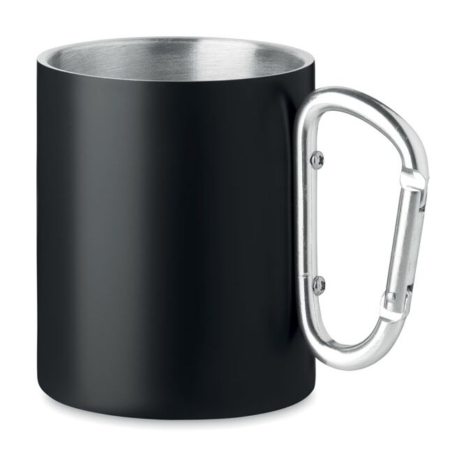 Firmengeschenk Thermobecher Edelstahl mit Karabiner – schwarz – mit Logodruck 300 ml für das Mitarbeiter-Onboarding