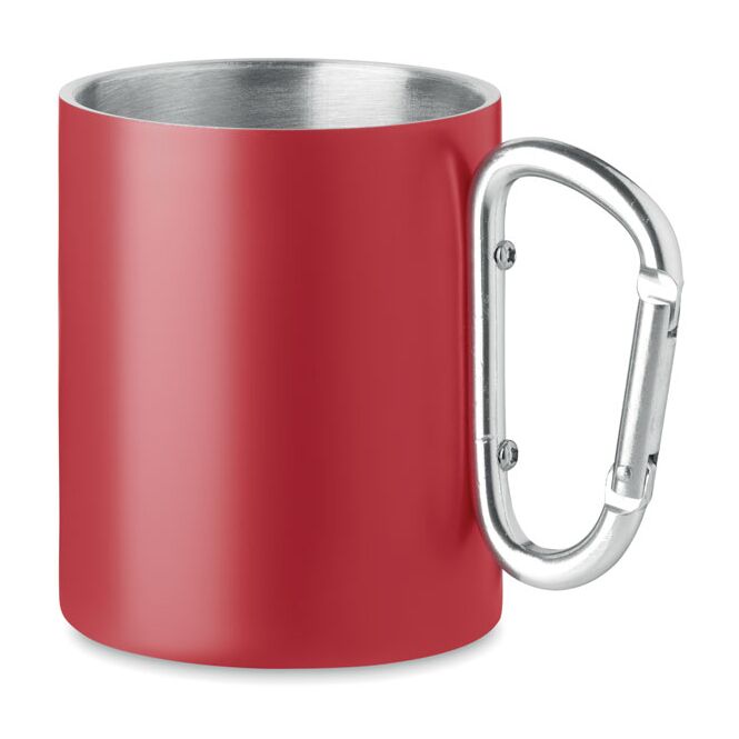 Werbeartikel Trinkbecher mit Karabiner – rot – mit Logo bedruckt 300 ml für das Mitarbeiter-Onboarding und Events