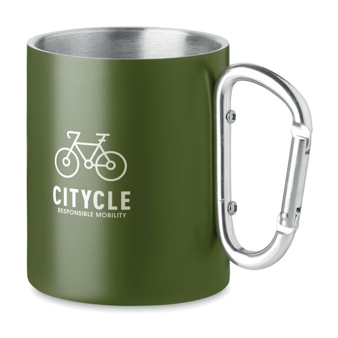 Werbeartikel Trinkbecher mit Karabiner – dunkelgrün – mit Logo bedruckt 300 ml für Events & Outdoor