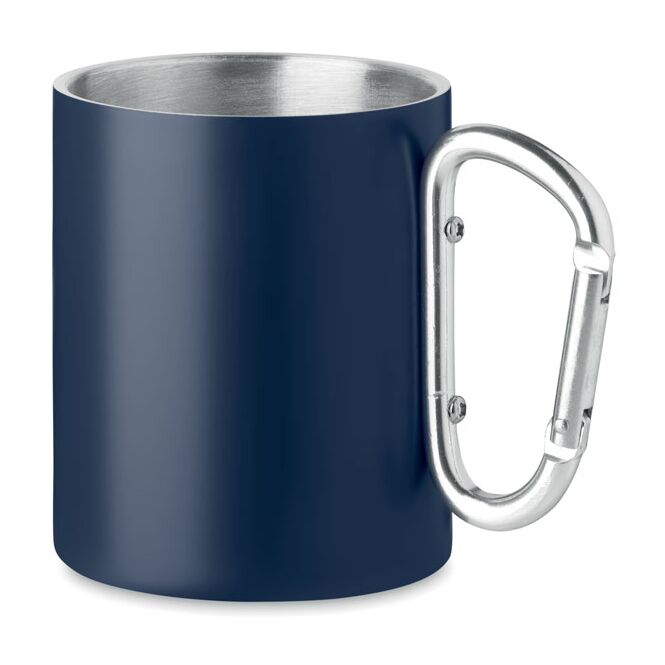 Werbeartikel Trinkbecher mit Karabiner – marineblau – mit Logo bedruckt 300 ml für Events & Messen