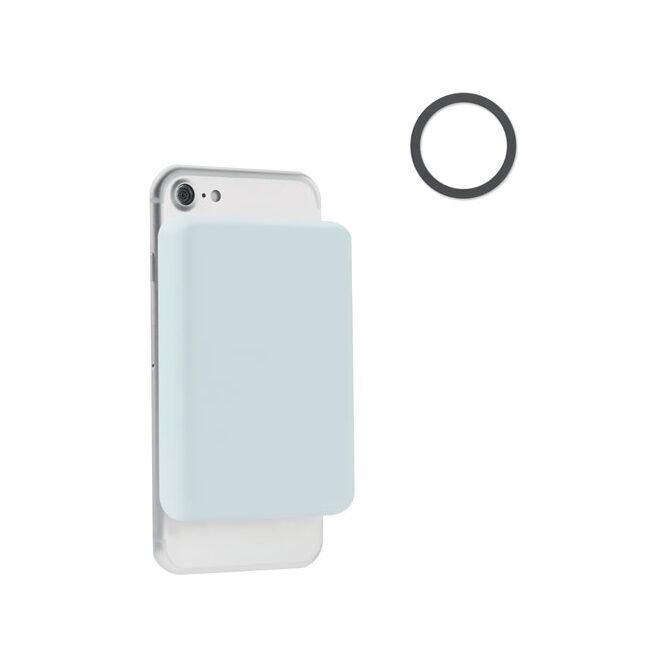 Technik-Werbemittel Powerbank 5000 mAh – himmelblau – mit Logo bedruckt 10W Wireless Charger für den Büroalltag