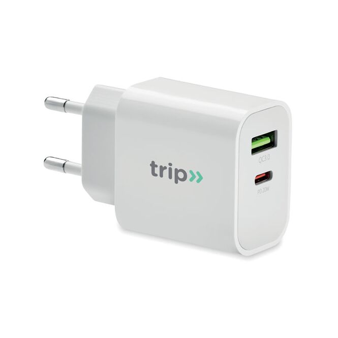 Werbeartikel 18W 2-Port USB-Ladegerät Typ-A & Typ-C – weiss – mit Logo bedruckt für Messen & Promotion