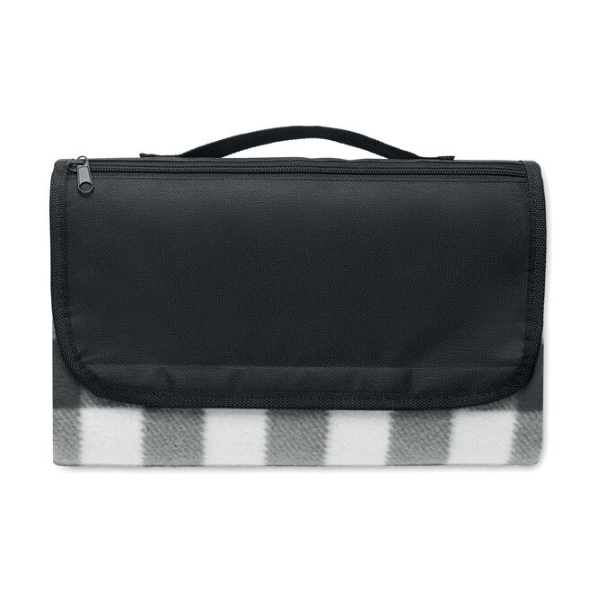 Firmengeschenk Picknickdecke nachhaltig rPET Fleece – schwarz – mit Logo bedruckt für Messen & Promotion