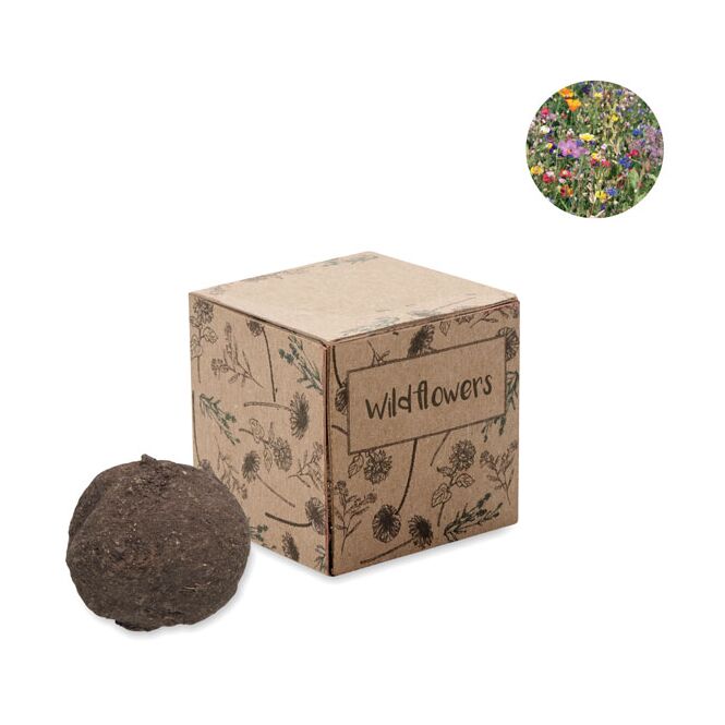 Werbeartikel Saat-Set Wildblumen – beige – mit individuellem Werbedruck EU-Produktion, Saatbombe für nachhaltiges Begrünungskonzept
