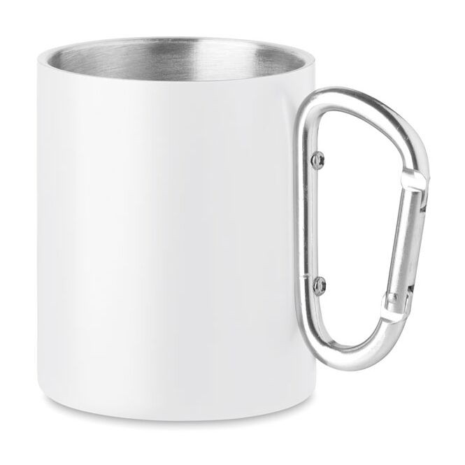 Firmengeschenk Trinkbecher mit Karabiner Vintage – weiss – mit Logodruck 300 ml für das Mitarbeiter-Onboarding