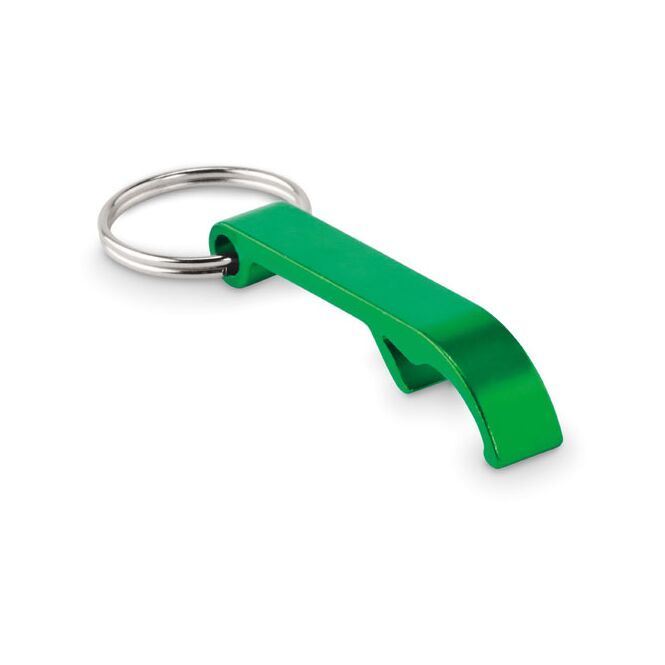 Werbeartikel Schlüsselring MO6923 – grün – mit Logo bedruckt aus recyceltem Aluminium mit Kapselheber als praktisches Messe-Giveaway