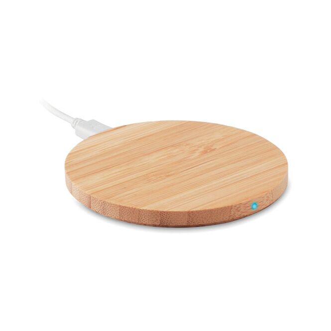 Premium-Werbeartikel Wireless Charger Bambus – holzfarben – mit Gravur 15W Qi-Standard nachhaltig für das Homeoffice