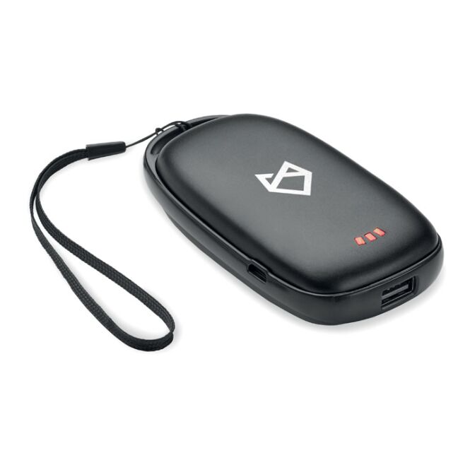 Kundengeschenk Powerbank 4000 mAh Handwärmer – schwarz – mit Logo bedruckt 3 Intensitätsstufen USB-C für das Mitarbeiter-Onboarding