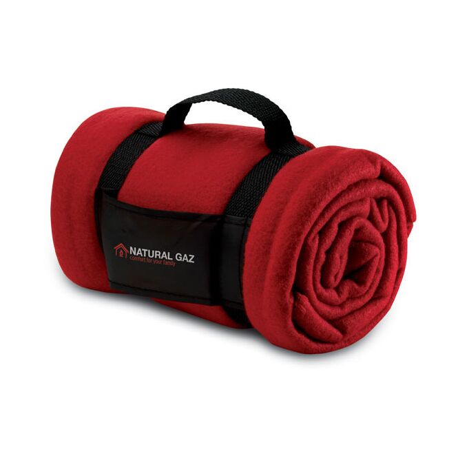 Werbeartikel Fleece-Decke mit Trageriemen – rot – mit Logo bedruckt für Firmen-Events