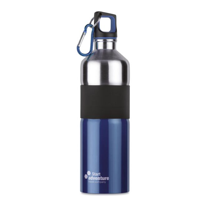 Werbeartikel Edelstahl-Trinkflasche zweifarbig – blau – mit Logodruck 750 ml Gummierung Karabinerhaken für Outdoor-Events