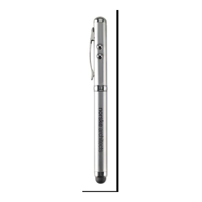 Firmengeschenk Multifunktions-Laserpointer mit Kugelschreiber & LED – silber – mit Logo bedruckt schwarz schreibend für Konferenzen