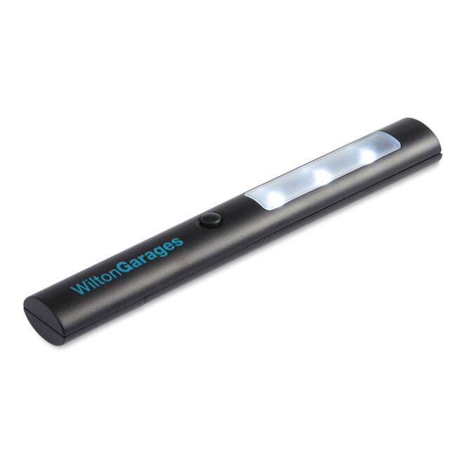 Werbeartikel LED-Taschenlampe Auto-Notfall-LED-Taschenlampe – schwarz – mit Logo bedruckt 3 LEDs 2 Magnete inkl. 4 AG3 Batterien