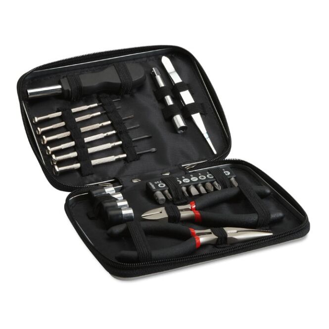 Mitarbeitergeschenk Werkzeugset 21-teilig – schwarz – mit Logo bedruckt 21-tlg. Set mit Zangen und Bits für Montagearbeiten