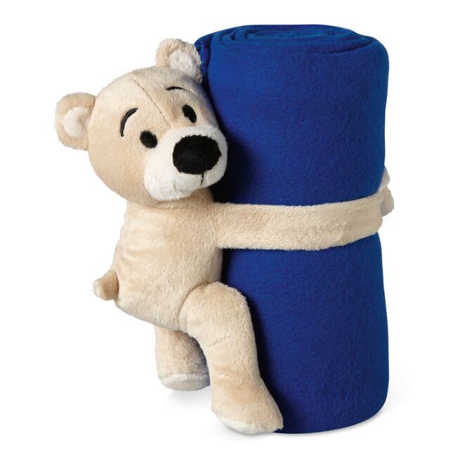Werbeartikel Kinder-Fleece-Decke Plüschbär mit Klettverschluss – blau – mit Logo bedruckt für Messen & Promotion