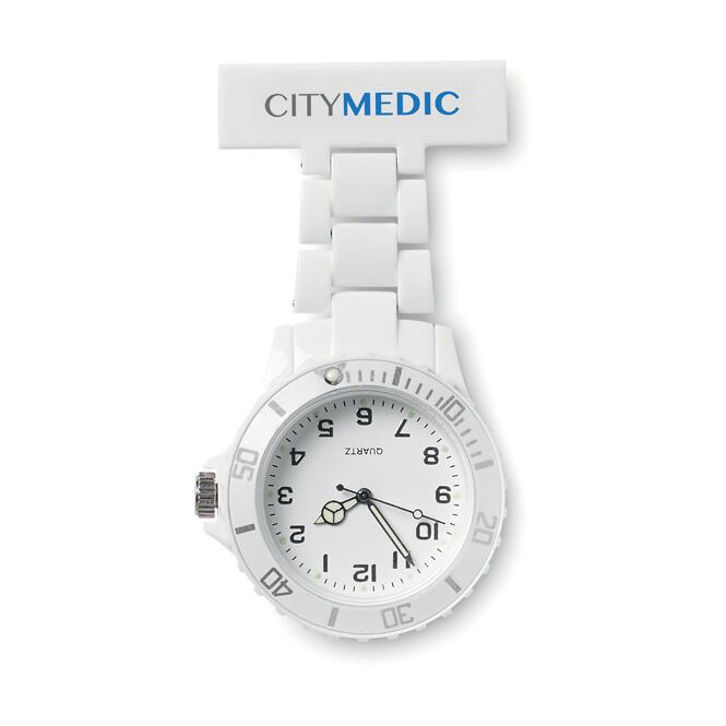 Mitarbeitergeschenk Armbanduhr Analoge Schwesternuhr – weiss – mit Werbedruck inkl. Knopfzelle eleganter Zeitmesser für Klinikpersonal