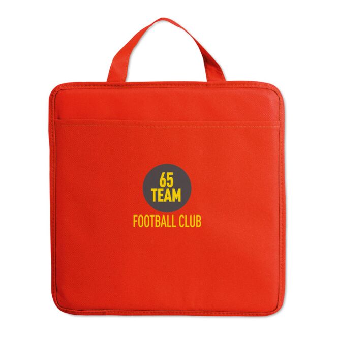 Werbeartikel Sitzkissen mit Tasche – rot – mit Logo bedruckt für Messen & Promotion