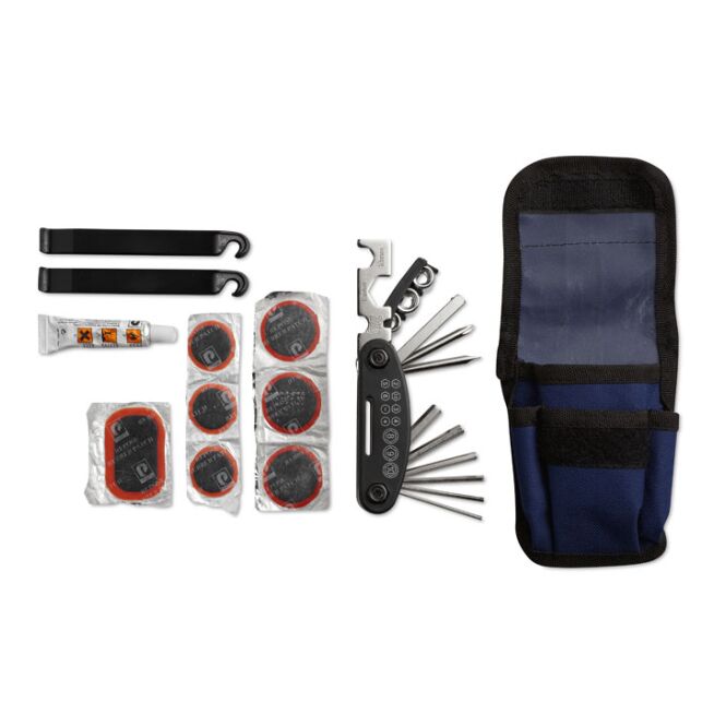 Werbeartikel Fahrrad-Reparaturset – blau – mit Logo bedruckt 15-teilig mit Multitool für kreative Outdoor-Promotions