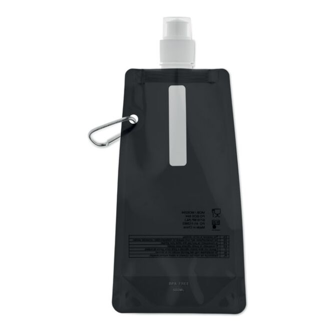 Werbeartikel Faltbare Wasserflasche – schwarz – mit Logo bedruckt 480 ml BPA-frei mit Karabiner für Sportevents & Turniere