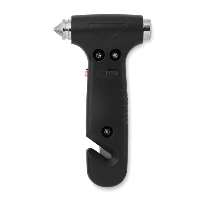 Mitarbeitergeschenk Notfall-Hammer – schwarz – mit Logo bedruckt inkl. LED, Hammer, Cutter zur Absicherung im Dienstfahrzeug