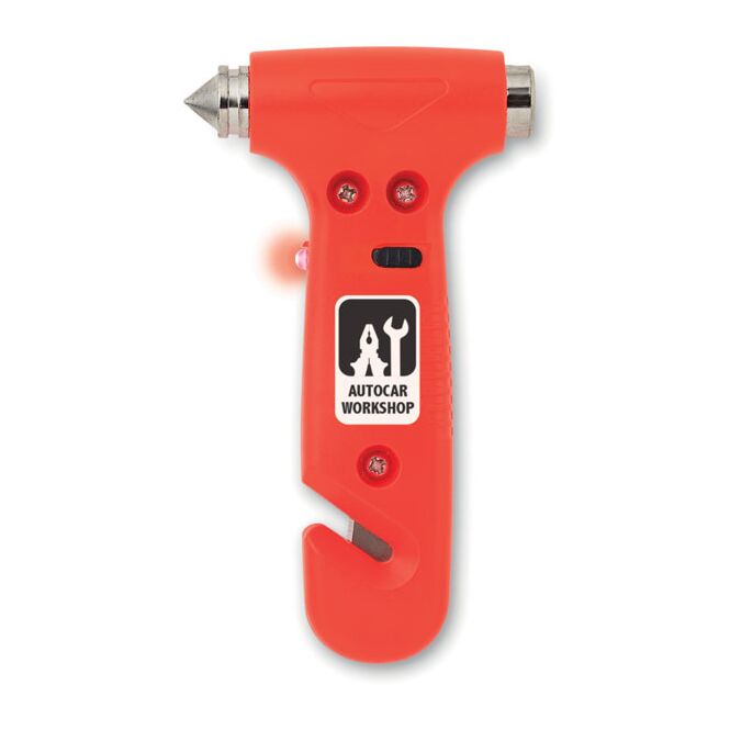 Werbeartikel Notfall-Hammer – orange – mit Logo bedruckt inkl. LED-Licht und Cutter als Sicherheitsausstattung für den Dienstwagen