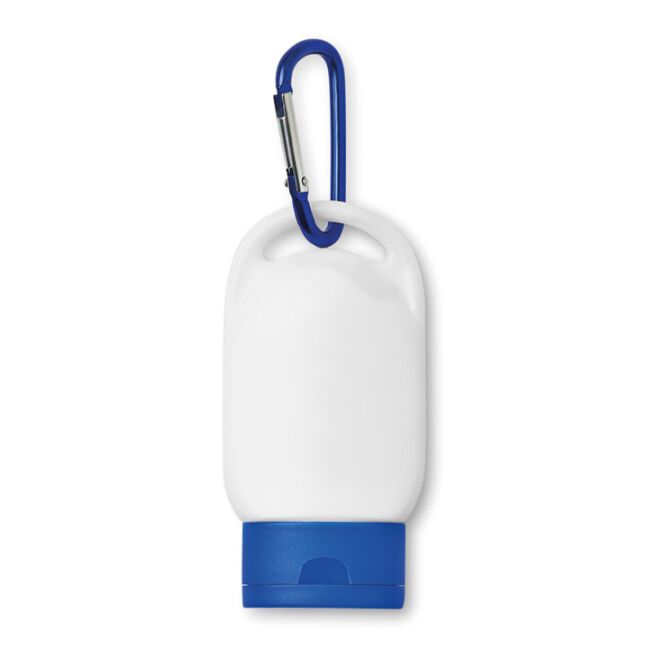 Werbeartikel Sonnencreme mit Karabiner – blau – mit bedrucktem Etikett 30 ml LSF 25 für Outdoor-Events und Strand-Promotions