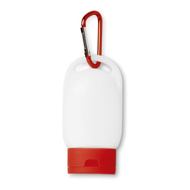 Werbegeschenk Sonnencreme LSF 25 30ml – rot – mit bedrucktem Etikett für Outdoor-Events