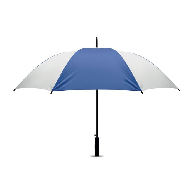 Premium-Werbeartikel Automatikschirm – weiss blau – mit individuellem Logodruck sturmfest Ø 137 cm für Golf-Events & Business-Partner